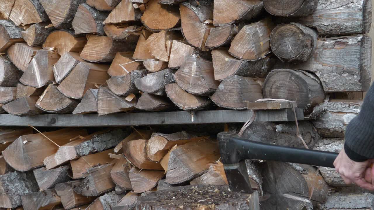 쌓인 장작 벽 배경으로 장작 통나무 자르기