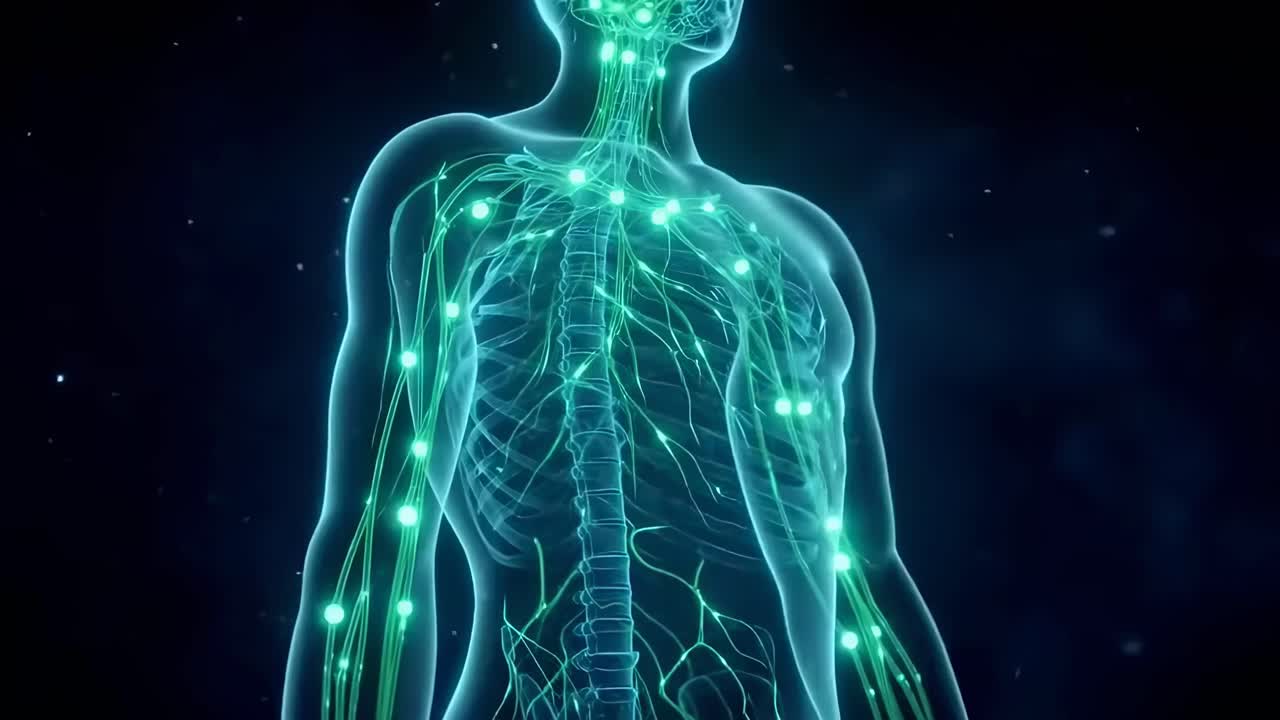 Futuristic video of a glowing human anatomy from a side angle, highlighting neural pathways
