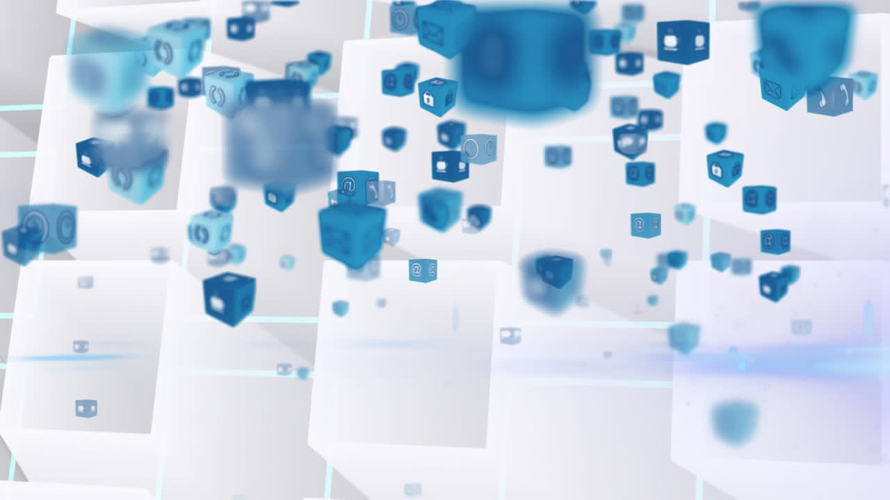 디지털 아이콘의 큐브가  ⁇  배경의 사각형 모양에 맞춰 떨어지는 디지털 애니메이션