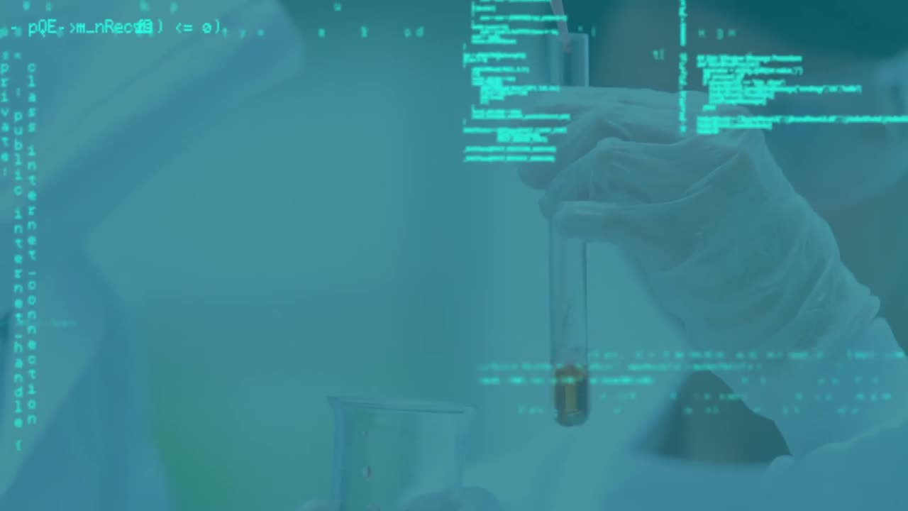 animación del lenguaje informático sobre diversos científicos que ponen líquido en un tubo de ensayo