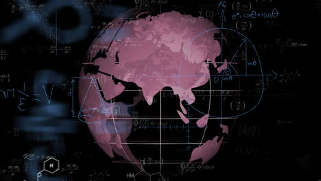 Animation-of-mathematical-data-processing-over-globe-on-black-background