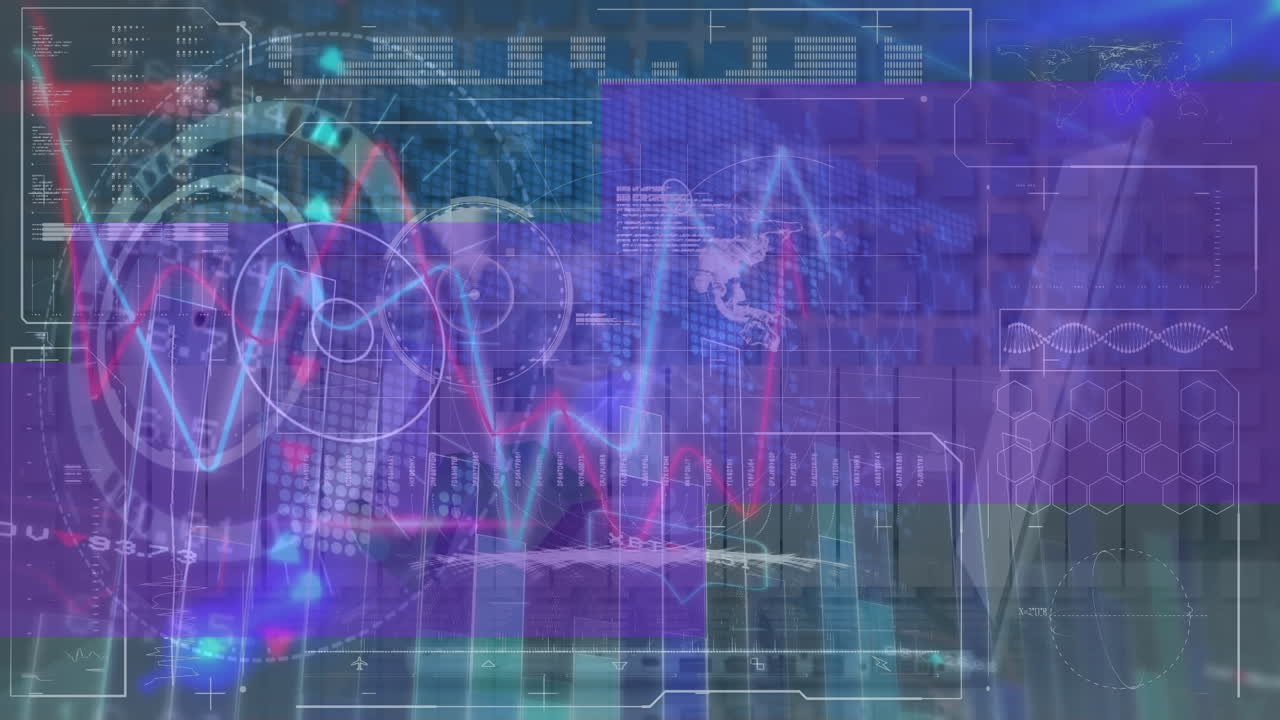 animación de procesamiento de datos y computadora portátil sobre fondo azul