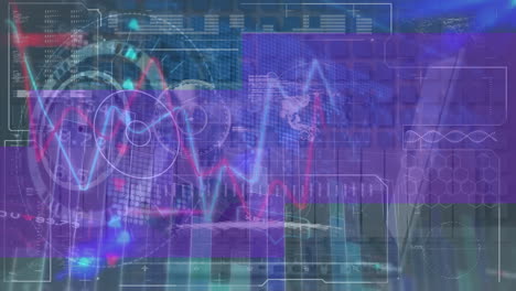 animación de procesamiento de datos y computadora portátil sobre fondo azul