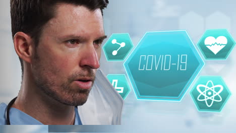 trabajador de la salud masculino caucásico con máscara facial contra la covid-19 pancarta de texto e iconos médicos