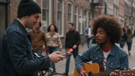 a joyful street performance: two musicians share moments of connection and creativity in a vibrant urban setting, capturing the essence of music and community spirit