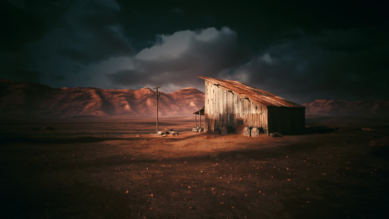 Isolated weathered cabin with sunset lighting in barren terrain