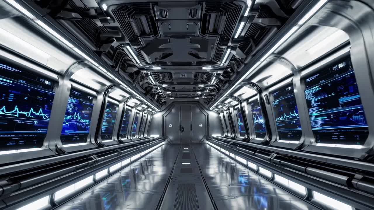 Futuristic spaceship corridor with sleek metallic design and digital screens