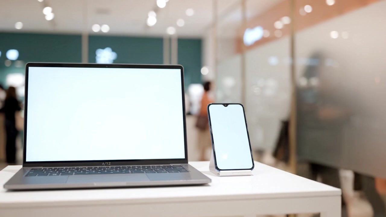 Modern Workspace Featuring a Laptop and Smartphone on Display in a Bright, Minimalist Environment Perfect for Productivity and Creativity Enhancement