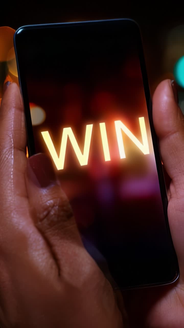 A Glimpse of Victory: A Close-Up on a Hand Holding a Smartphone Displaying the Word 'WIN' Against a Vibrant Background of Colors and Lights
