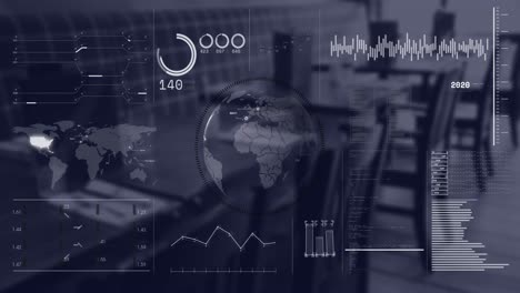 Animación-De-Interfaz-Con-Globo-Giratorio-Y-Procesamiento-De-Datos-Contra-Un-Café-Vacío-En-La-Oficina