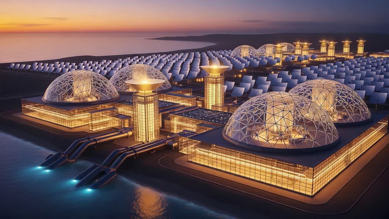 Stunning Aerial View of an Innovative Solar Energy Facility at Dusk, Showcasing Futuristic Architecture and Extensive Solar Panel Arrays Near the Water's Edge