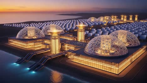stunning aerial view of an innovative solar energy facility at dusk, showcasing futuristic architecture and extensive solar panel arrays near the water's edge
