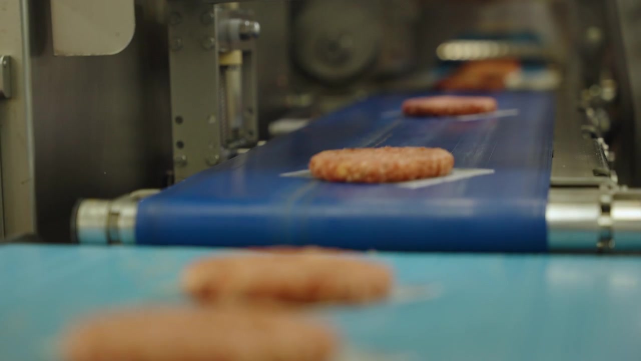 Uncooked burger patties ride a blue conveyor through automated machinery in a modern food processing plant.