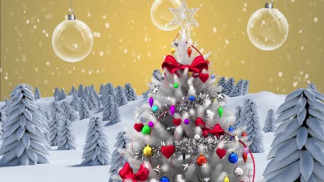Animation-of-christmas-tree-with-decorations-over-snow-falling-and-winter-landscape
