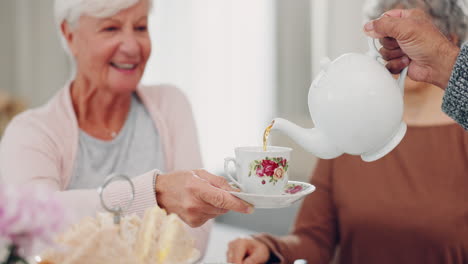 hands pour tea, senior and people in home