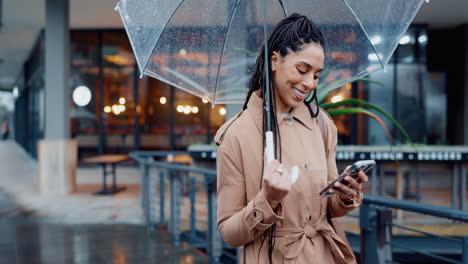 phone, search and woman in rain in a city typing