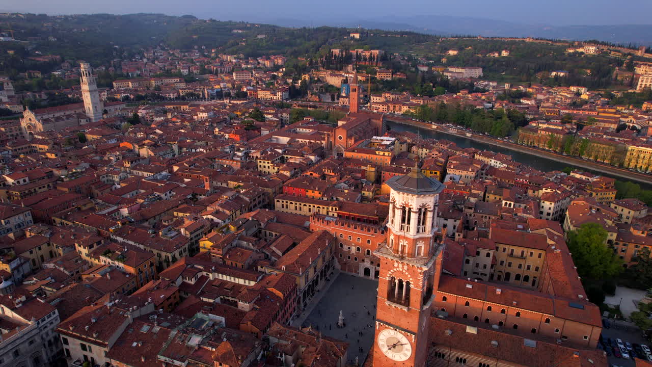 Lamberti tower and Signori square of Verona. Aerial dolly in