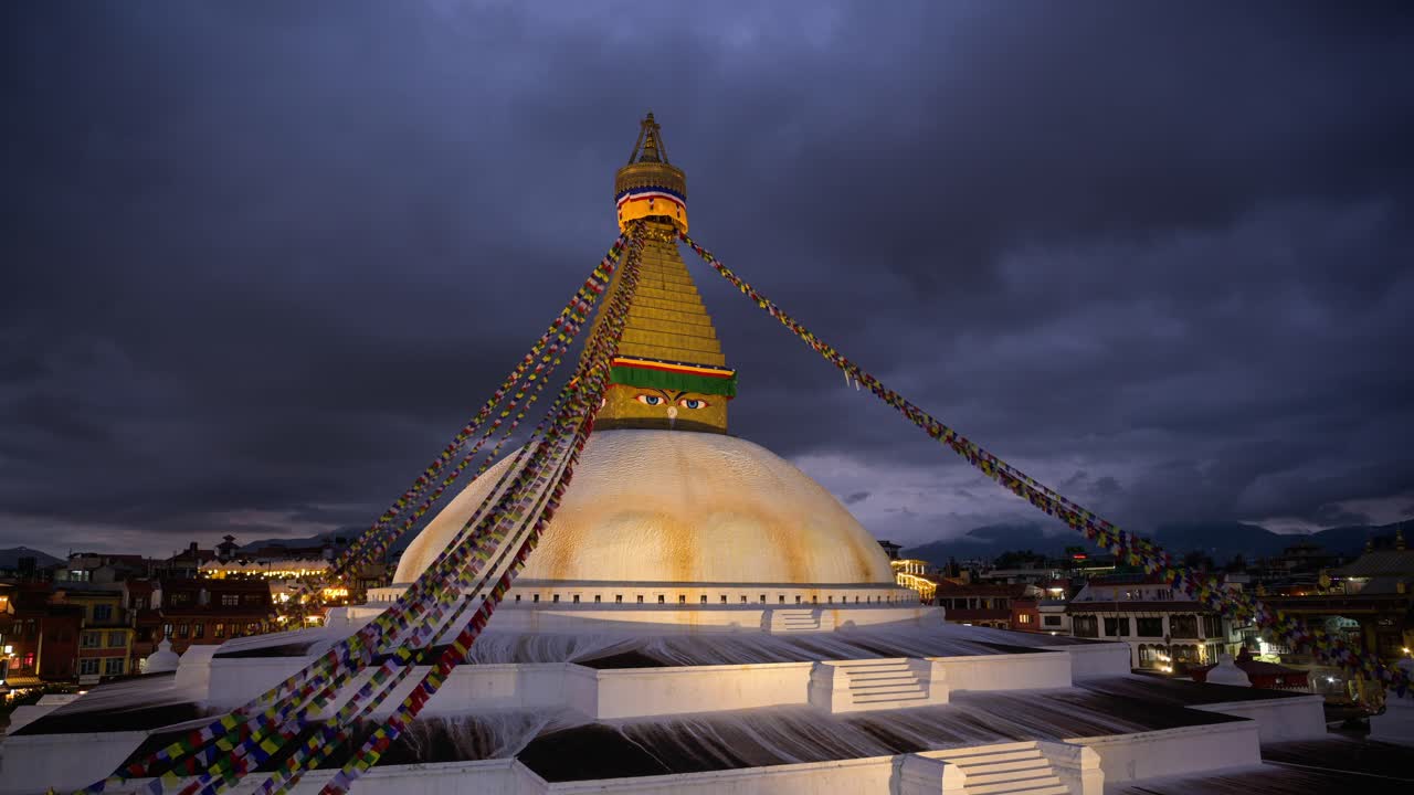 Day to Night Kathmandu Timelapse in Nepal, Time Lapse of Buddhist Boudhanath Stupa, a Famous Popular Landmark Tourist Attraction with Clouds Moving, Large Buddhism Monument