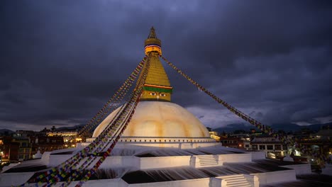 day to night kathmandu timelapse in nepal, time lapse of buddhist boudhanath stupa, a famous popular landmark tourist attraction with clouds moving, large buddhism monument