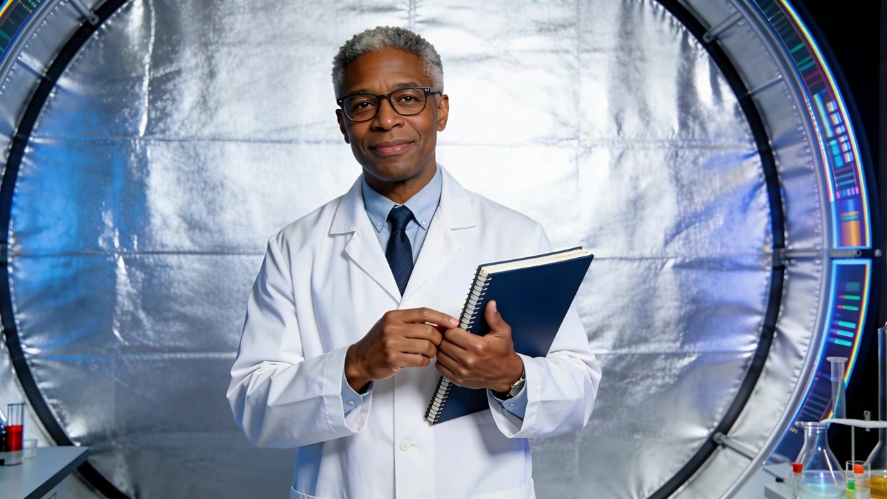 Camera zooming causing scientist in lab coat adjusting blue notebook grip while sharing data in lab