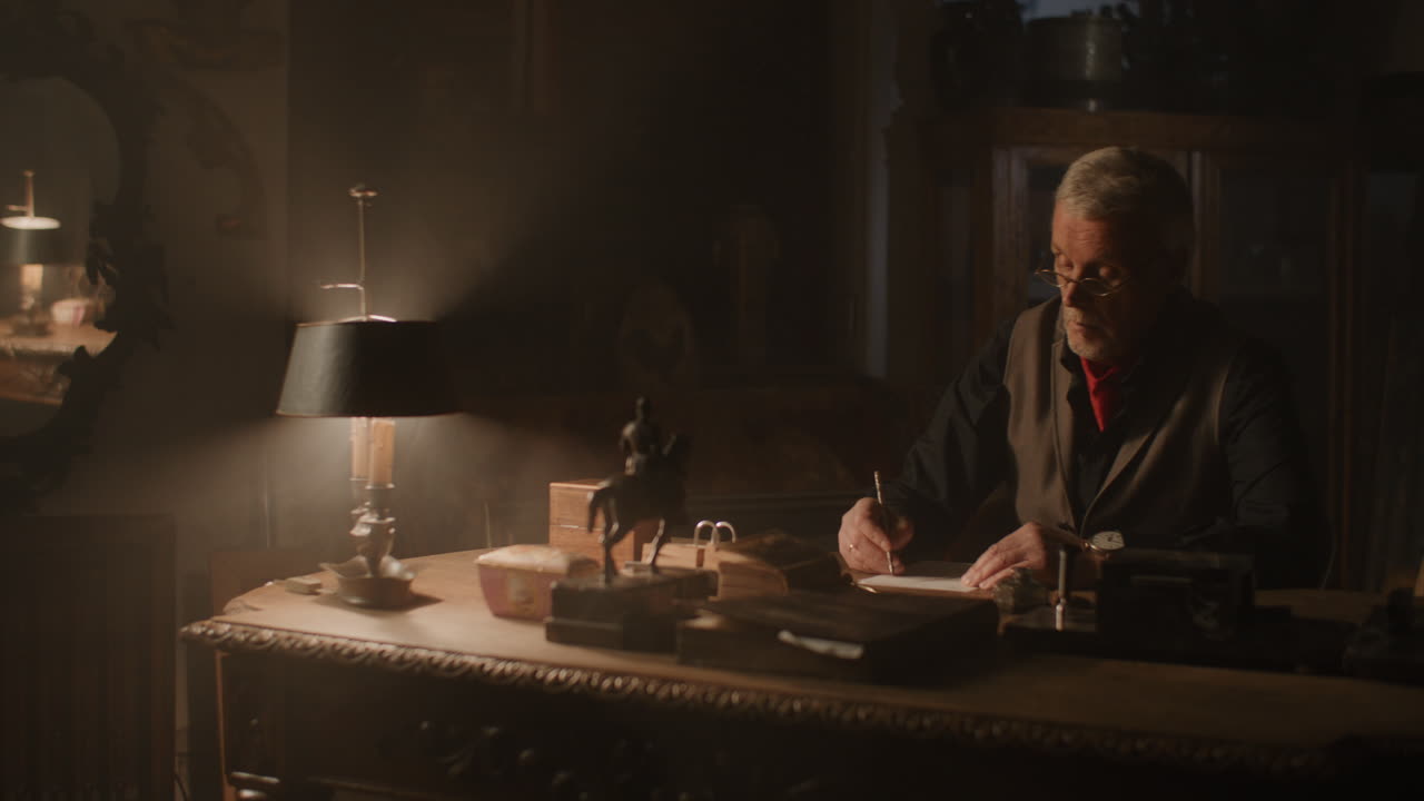 Old passionate man writes a letter in his office at night