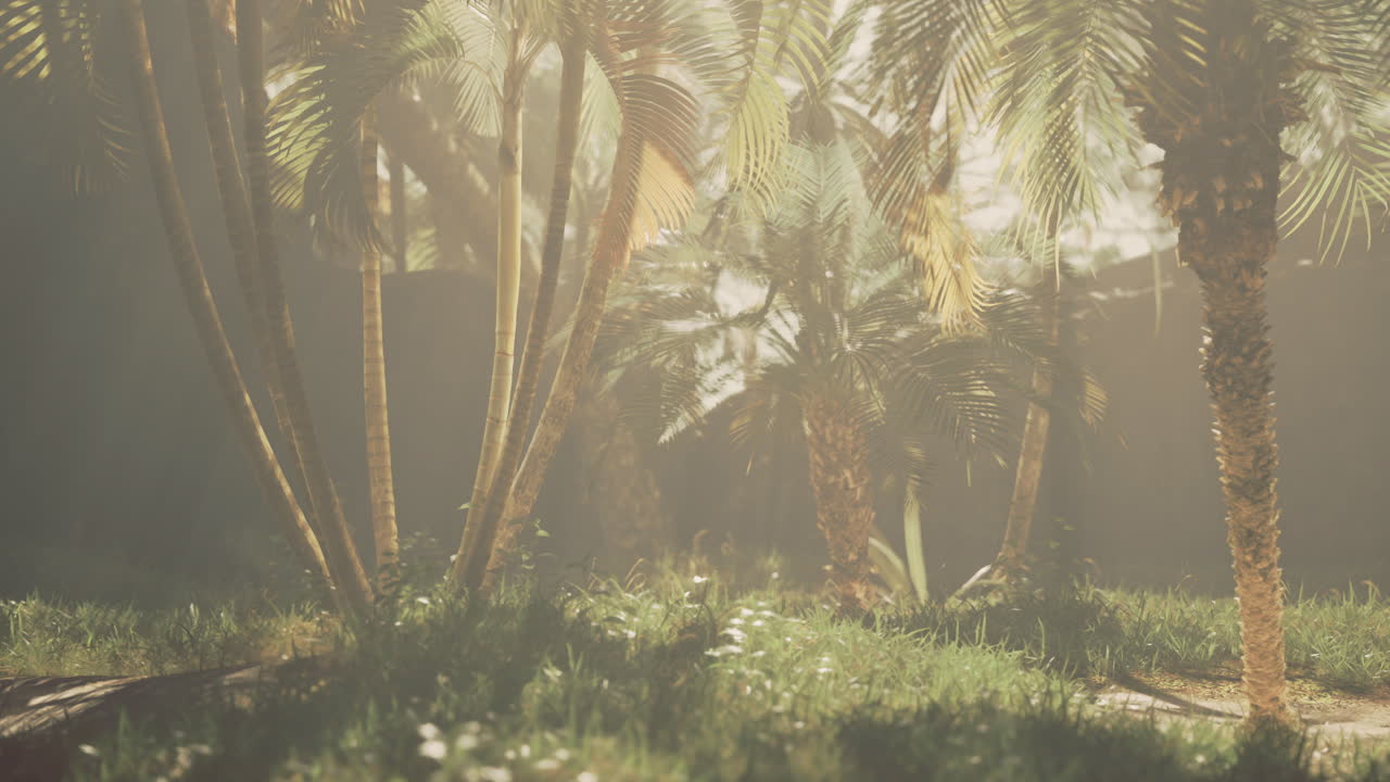 Lush green oasis filled with tropical palms and serene light in the afternoon