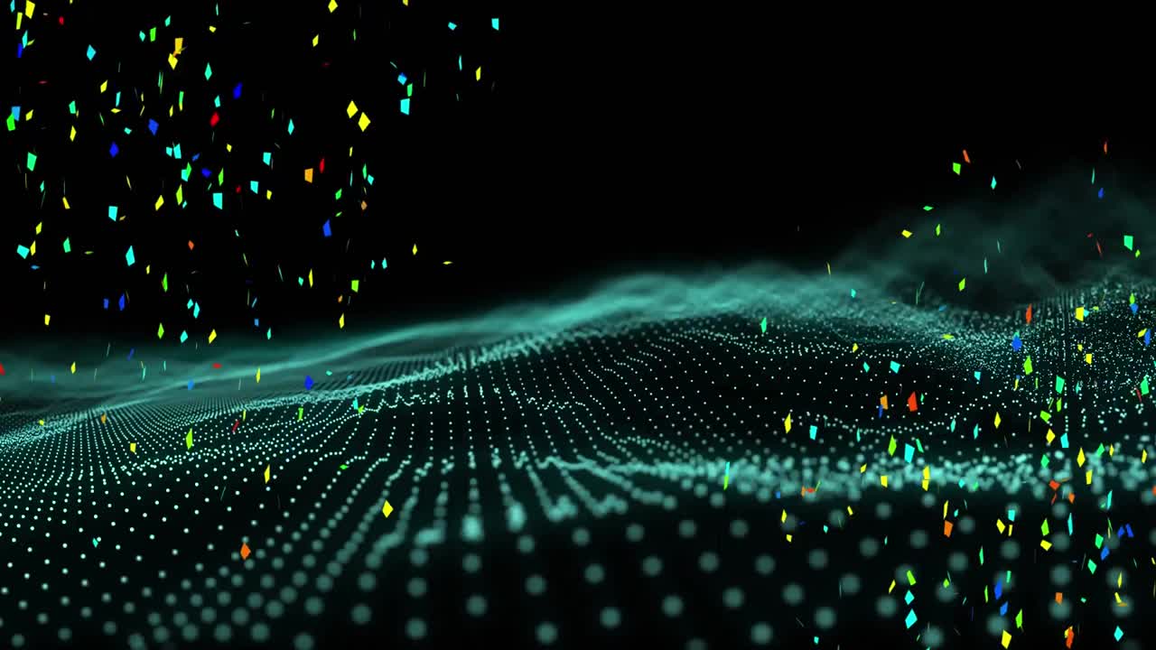 animación de confeti colorido que cae sobre contornos azules ondulados sobre un fondo negro