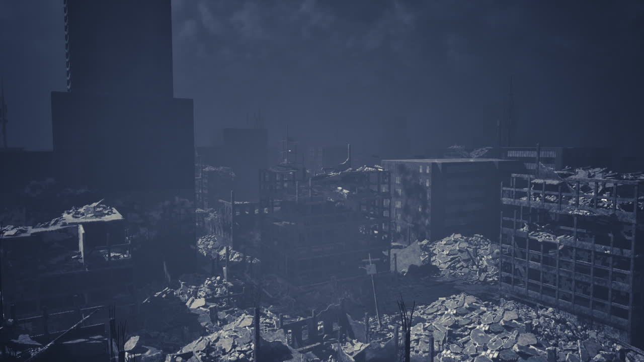Devastation and destruction in a cityscape after a cataclysmic event