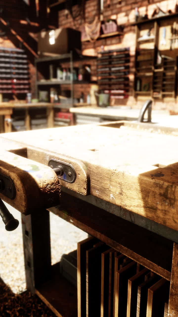 A close-up of a wooden workbench in a workshop