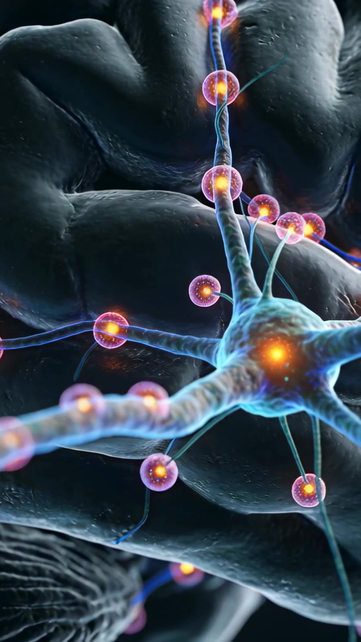 Video verticale: Neurone pulsante che invia un segnale dal soma lungo l'assone nel tessuto per trasmettere, con bottoni sinaptici illuminati.