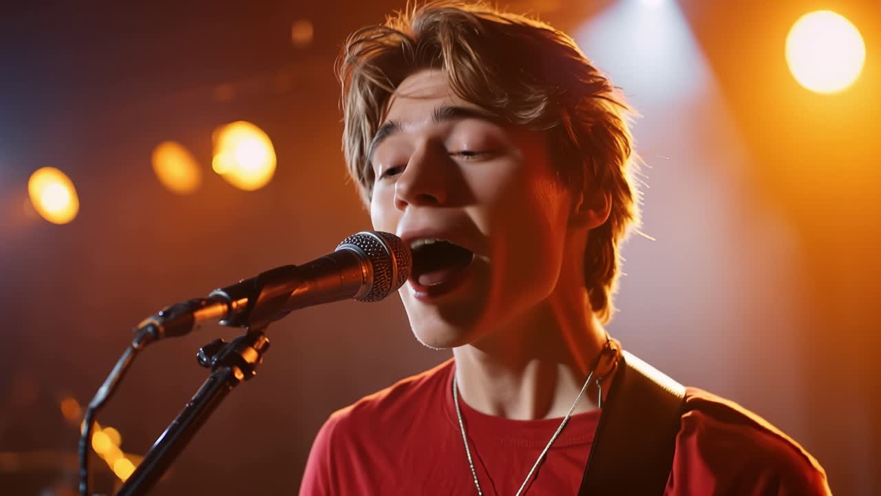 Young Man Singing Passionately into Microphone on Stage
