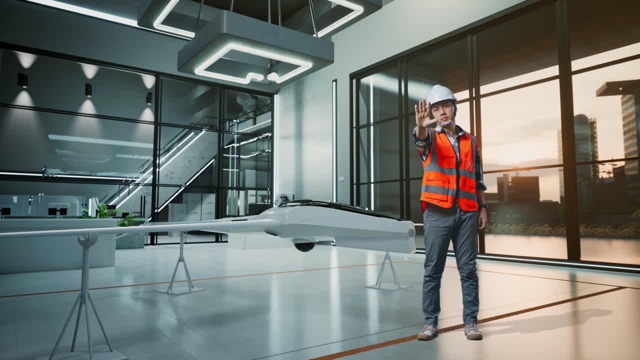 Full Body Of Asian Male Engineer With Safety Helmet Disapproving With No Hand Sign While Standing With Drone Project
