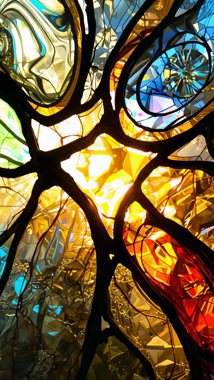 Vertical video: Tilting camera showing glass panel with lead vein at church lighting rosette facets