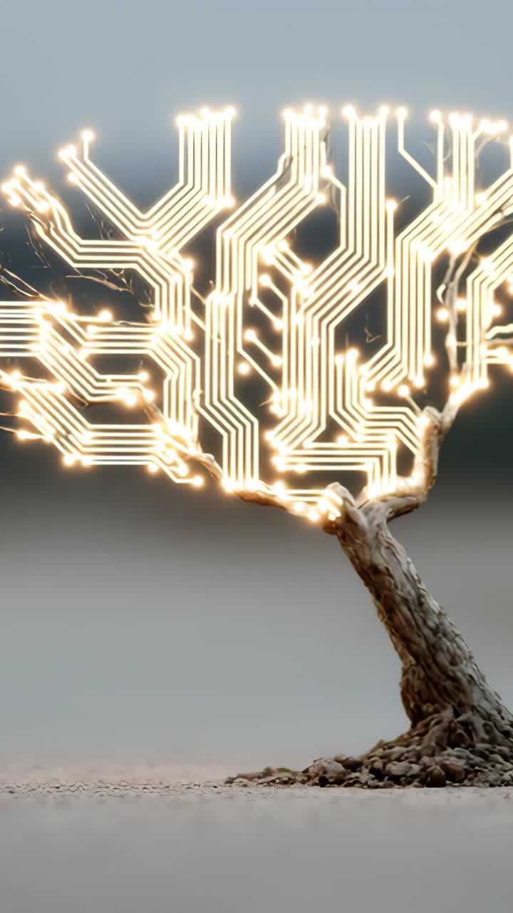 Light-up circuit tree design. A small tree made of illuminated circuits stands alone in a minimalistic landscape, blending nature with technology.