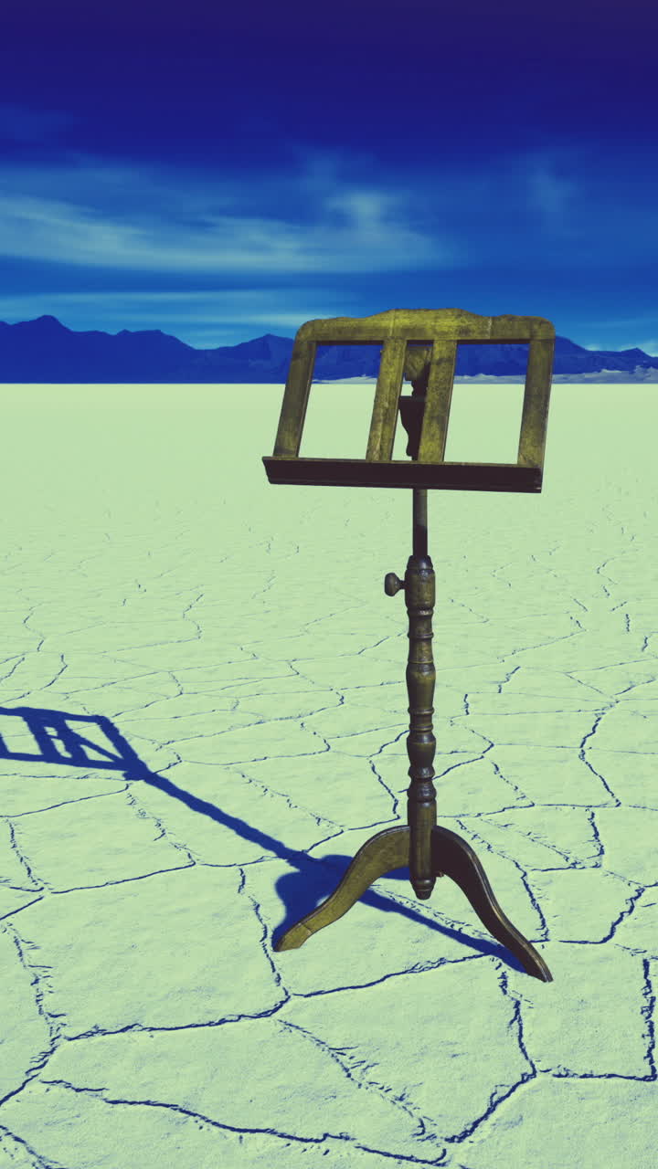 Desolate landscape with a solitary music stand under a dramatic sky