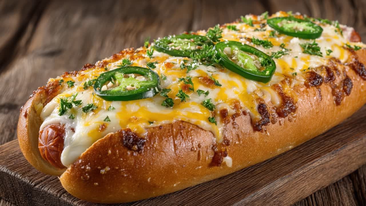 木製ボードに乗った、ハラペーニョとハーブが香るチーズホットドッグサブマリン - 風味と食感の食欲をそそるコントラスト
