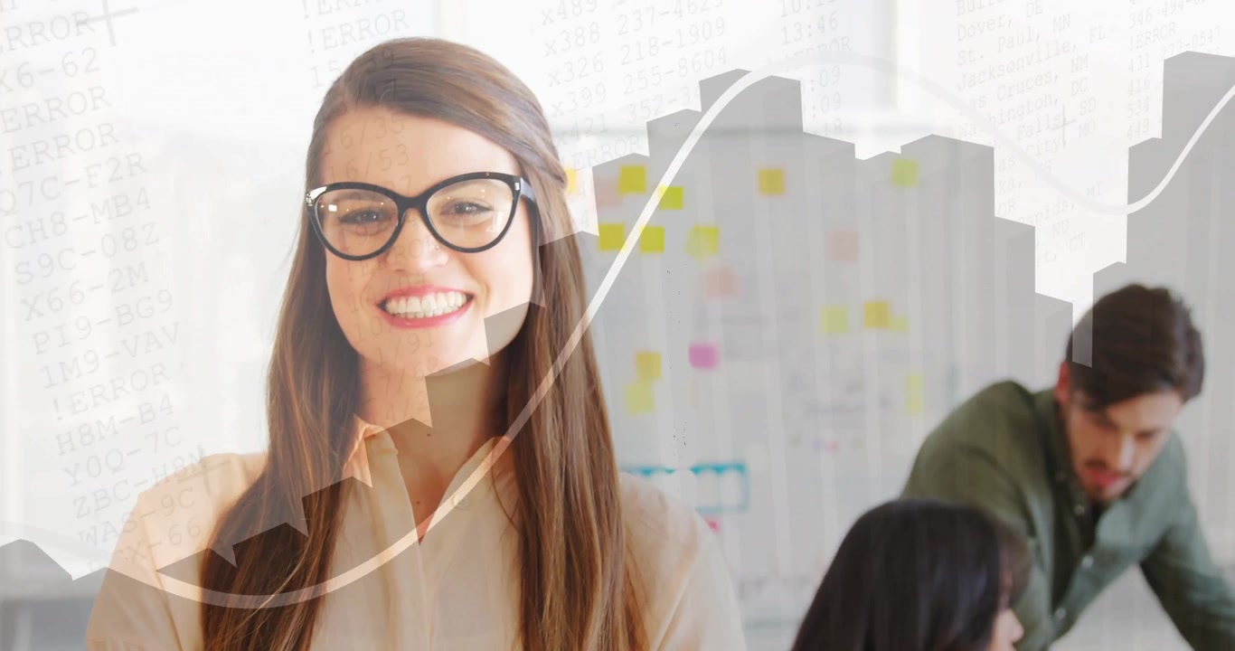 Tras un hito empresarial, mujer relajándose y ajustándose las gafas con un gráfico semitransparente en ascenso.