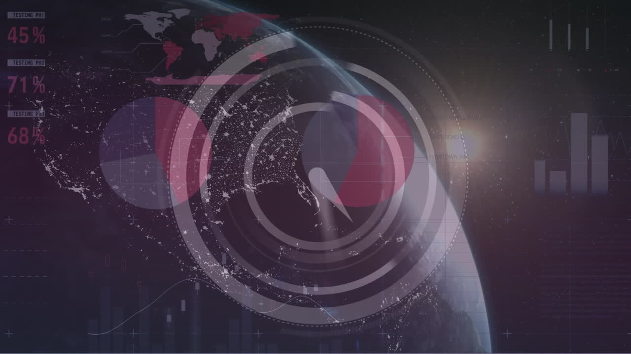 animación del reloj con interfaz infográfica sobre el destello de la lente y el globo giratorio sobre fondo negro