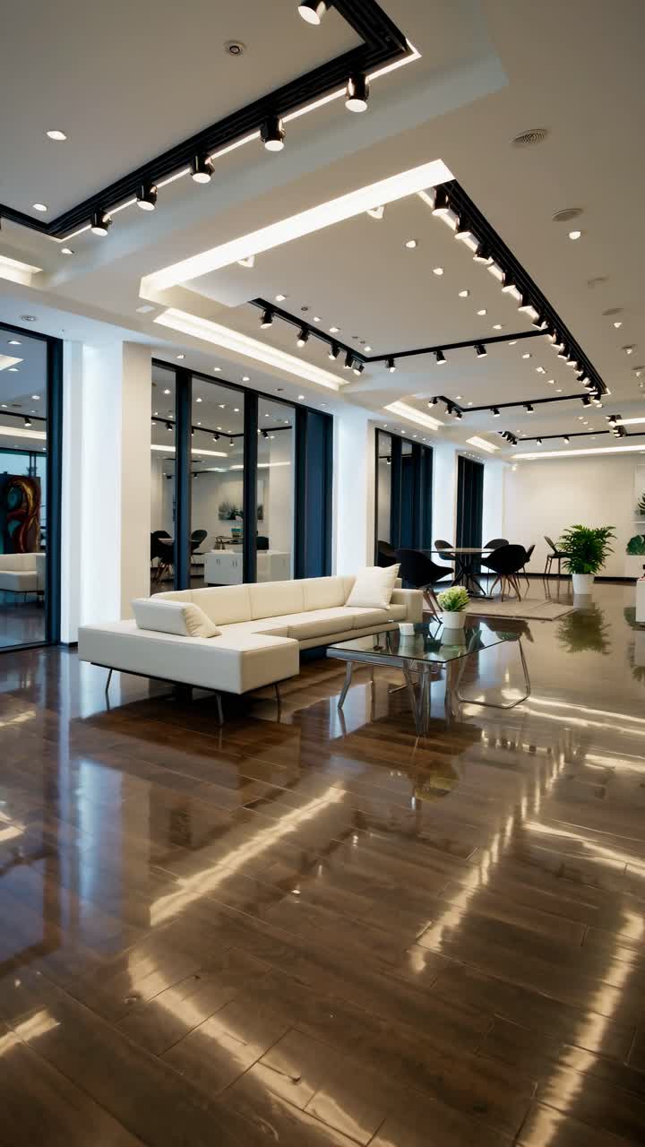 Modern office lounge with sleek furniture and glossy floors, captured from a low angle