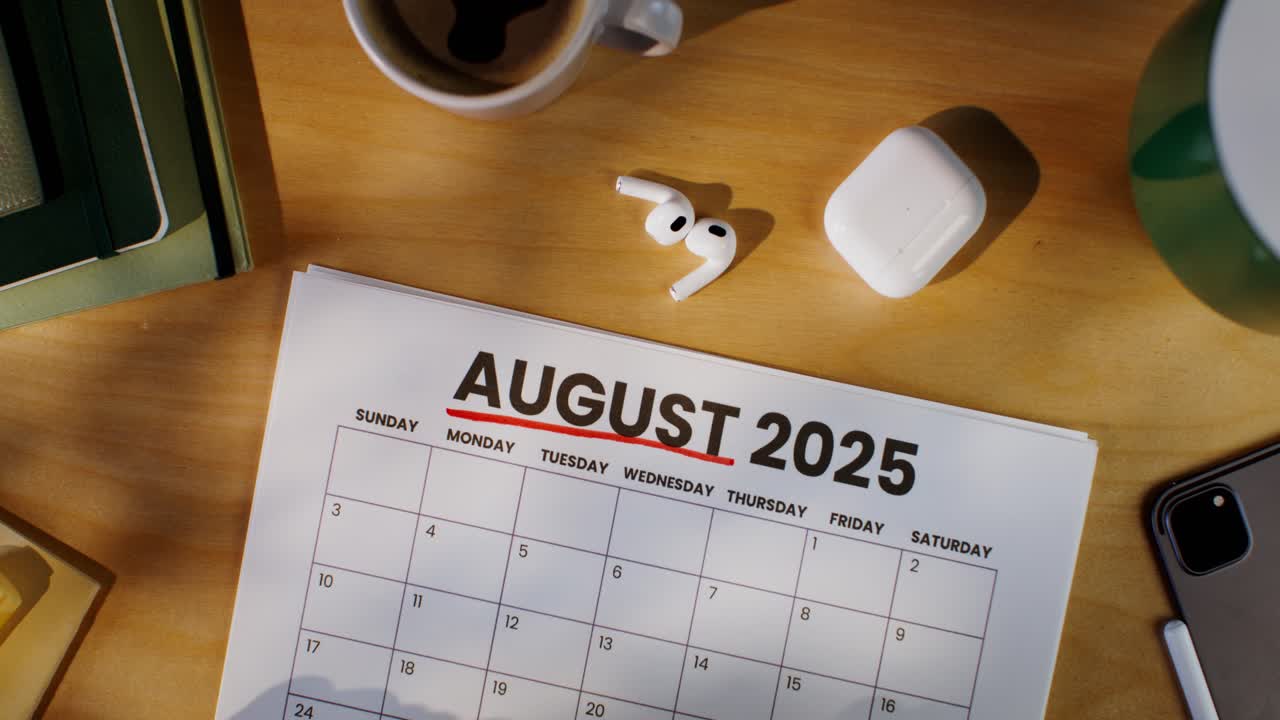 August 2025 Calendar on a Desk with Accessories