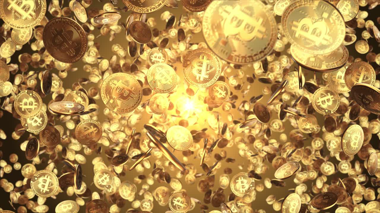 Bitcoin internet currency coins falling green screen loop animation background fascinating scattered