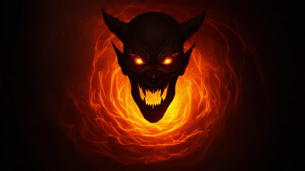 An Intense Representation of a Fiery Demonic Face Emerging from a Swirling Abyss, Highlighting its Glowing Eyes and Menacing Features Against a Dark Background