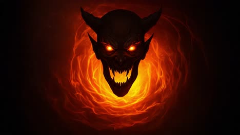 an intense representation of a fiery demonic face emerging from a swirling abyss, highlighting its glowing eyes and menacing features against a dark background