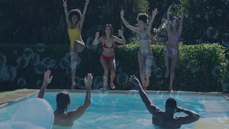 jumping into swimming pool, group of friends enjoying sunny day with animation