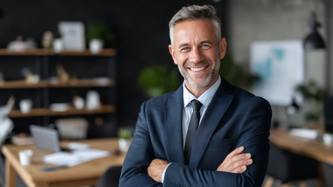 Confident Professional Smiling in Modern Office Environment, Exuding Charisma and Leadership with Stylish Attire and Welcoming Atmosphere