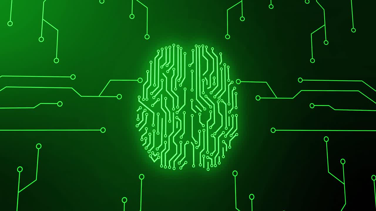 Animation of green glowing human brain with computer mother board circuit over black background