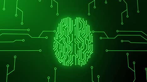 Animación-Del-Cerebro-Humano-Verde-Brillante-Con-Circuito-De-Placa-Madre-De-Computadora-Sobre-Fondo-Negro