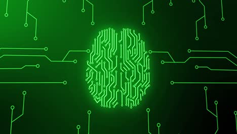 animation of green glowing human brain with computer mother board circuit over black background