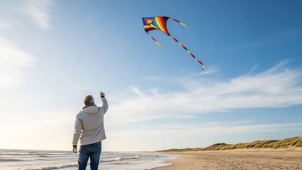 A Joyful Moment on the Beach: Flying a Colorful Kite Against a Clear Sky, Capturing the Essence of Freedom and Connection with Nature