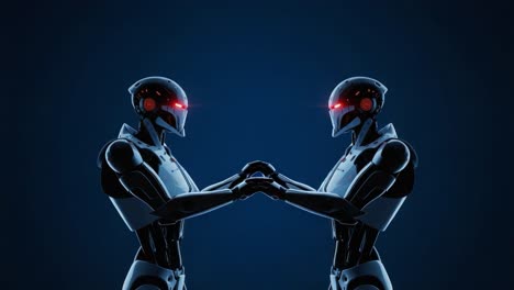 two futuristic robots engaged in a silent standoff, reflecting advanced technology and enhanced capabilities in a dynamic, sci-fi setting
